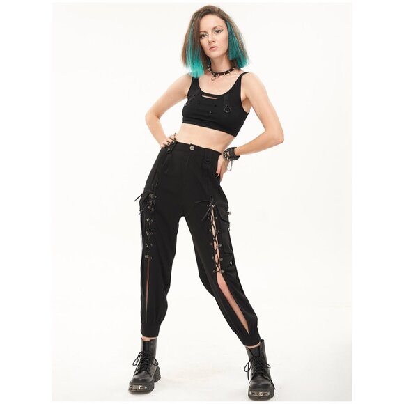 NWT Devil Fashion Open Leg Gothic Punk Lace Up Cargo Pants XS - Picture 3 of 12